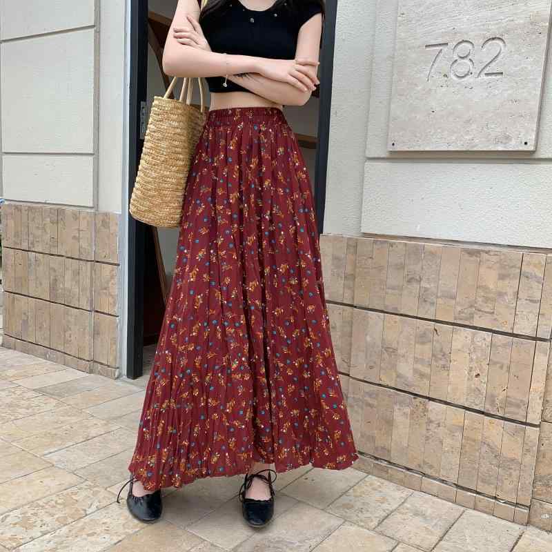 スカート レディース フレンチスタイル ロマンティック フェミニン 小花柄 プリーツ ギャザー ミモレ丈 ミディ丈 Aライン フレア 夏 おしゃれ カジュアル ポリエステル 黒 赤 白