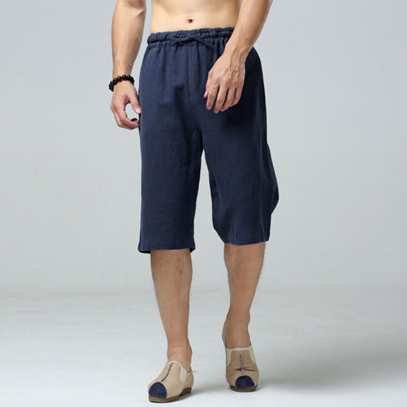ハーフパンツ メンズ 男性用 中国風 民族調 エスニック ゆったり ルーズ ワイド ストレート リラックス カジュアル 麻 五分丈パンツ 黒 紺 ベージュ 普段使い