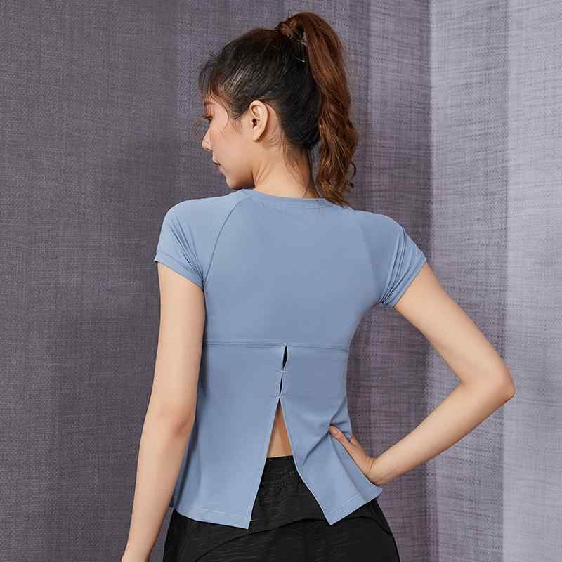 Tシャツ レディース 女性用 吸湿速乾 通気性 半袖 ラウンドネック スリット入り ヨガ フィットネス ジム トレーニング スポーツウェア ポリエステル 夏 秋 ブラック ライトグレーブルー グレーグリーン