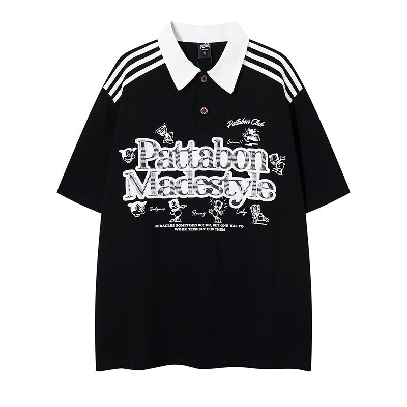 Tシャツ メンズ 綿100% トレンドファッション 配色切り替え 発泡アルファベットロゴプリント 襟付き 半袖 ゆったり リラックスフィット カジュアル 普段使い 着回し ペア サマー