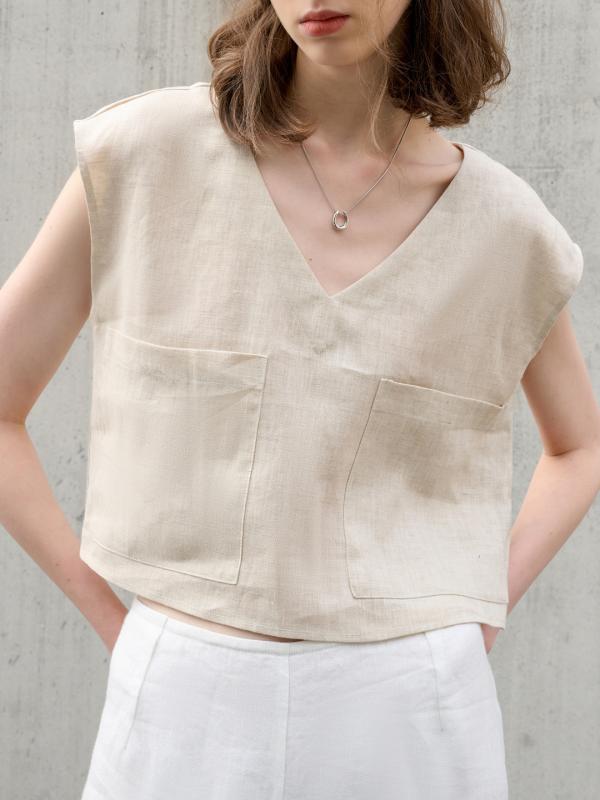 Tシャツ レディース Vネック ショート丈 ノースリーブ 純麻 高級感 ゆったり ルーズ リラックス オールドマネー風 きれいめ カジュアル 春夏