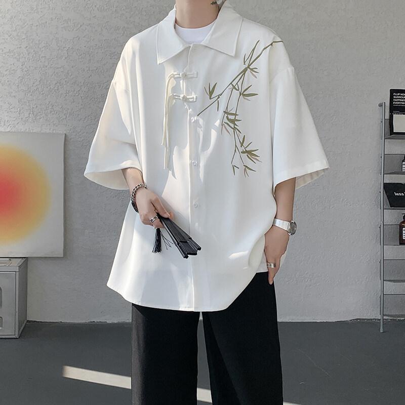 シャツ メンズ 新中華風 チャイナトップス 半袖 ビッグシルエット 竹刺繍 接触冷感 麻 リネン ストレッチ素材 襟付き 盤扣飾り デイリーユース カジュアル 白 黒 春夏 M-8XL