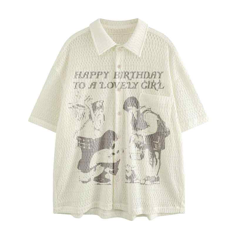シャツ メンズ アメカジ レトロ 和風 英字ロゴプリント 半袖 ゆったり ビッグシルエット オーバーサイズ カジュアル 普段使い デイリーユース ペアルック カップルコーデ 夏 ポリエステル デザイン性 色落ちしにくい シワになりにくい イージーケア