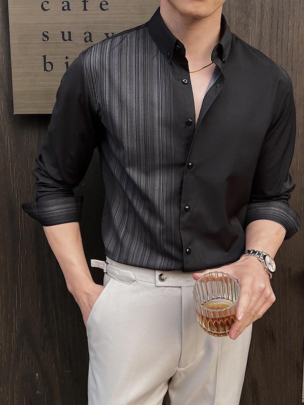 シャツ メンズ 男性用 春夏 長袖 ストライプ柄 ドレープ とろみ感 形態安定 ノーアイロン シワになりにくい おしゃれ きれいめ 高級感 韓国風 スリム カジュアル ポリエステル 通勤 普段使い トップス