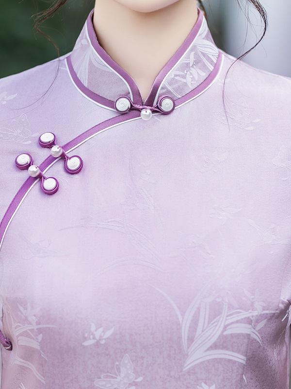チャイナドレス レディース シルク 桑蚕絹 春夏 パープル ロング丈 半袖 スタンドカラー 斜め襟 ハイサイドスリット レトロ 中国風 日常使い 上品 エレガント フェミニン 微ストレッチ