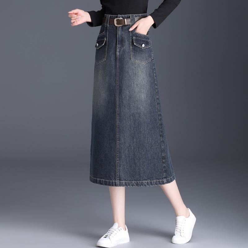 デニムロングスカート レディース ウォッシュ加工 ヴィンテージ風 ハイウエスト ゆったりストレート Aライン スリット 着痩せ効果 着回し万能 カジュアル 秋冬 ブルー