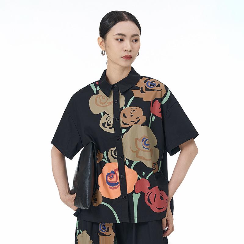シャツ レディース 春夏 大きいサイズ ビッグシルエット ゆったり 体型カバー 花柄 総柄 プリント カジュアル ストリートファッション トレンド 長袖 ボタン 前開き コットン 綿 黒 ブラウス トップス