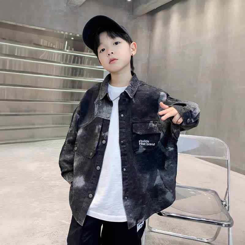 キッズアウター 男の子 絞り染め ジャケット ジャンパー 春秋 ゆったり オーバーサイズ ビッグシルエット おしゃれ カジュアル 通学 普段使い 綿 コットン 柔らかい ブラック 襟付き