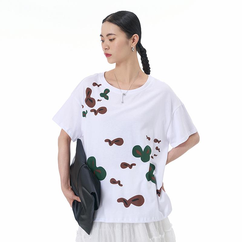 Tシャツ レディース 韓国風 カジュアル 綿 コットン ニット リボン ペイントプリント クルーネック 半袖 ゆったり ビッグシルエット 体型カバー 春夏 ホワイト 4,779円