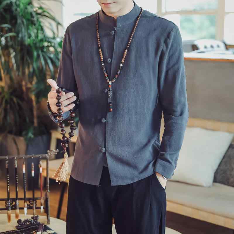 シャツ メンズ 男性用 中華風 唐装 エスニック レトロ 和風 長袖 ゆったり ルーズフィット 飾りボタン チャイナボタン 綿麻 コットンリネン 普段使い デイリーユース トップス