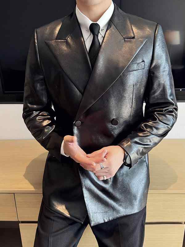 テーラードジャケット メンズ 男性用 ダブルブレスト フェイクレザー調 ホワイト スリムフィット カジュアル アウター ホスト ステージ衣装 パーティー 結婚式 二次会 しわになりにくい ポリエステル 春秋|あじゅり