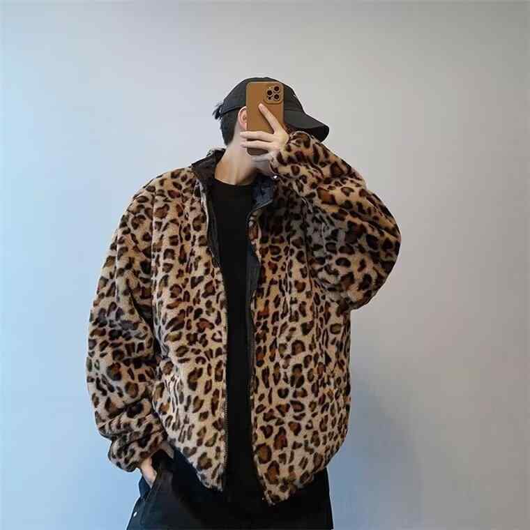 ジャケット メンズ リバーシブル 中綿 保温 防寒 スタンドカラー ヒョウ柄 ビッグシルエット ゆったり アメリカンヴィンテージ ストリート カジュアル 秋冬