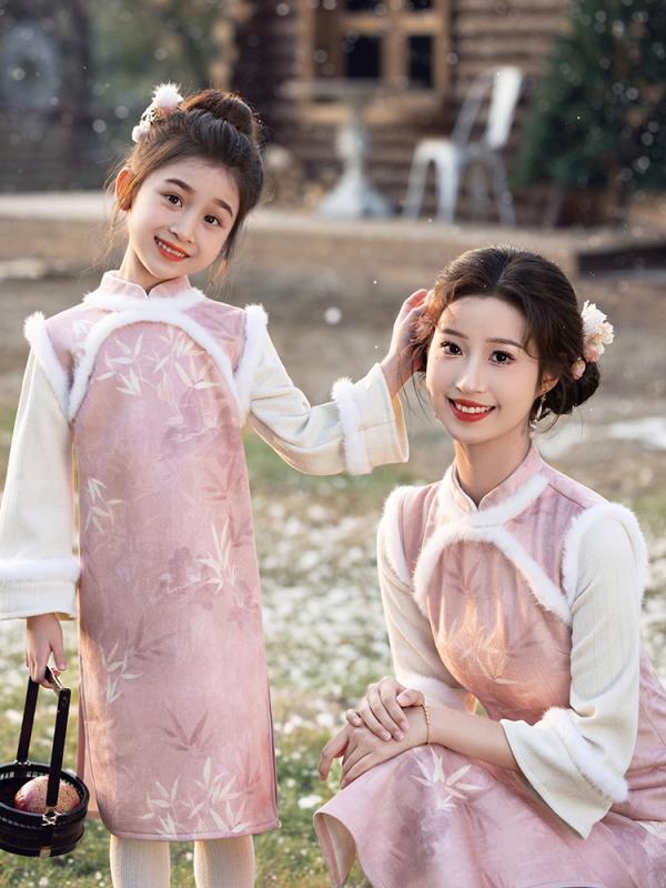 チャイナドレス 女の子 ガールズ キッズ 親子お揃い 母娘 ワンピース ドレス ピンク系 秋冬 厚手 暖かい かわいい 上品 ロング丈 長袖 ポリエステル エスニック イベント 発表会 4,668円