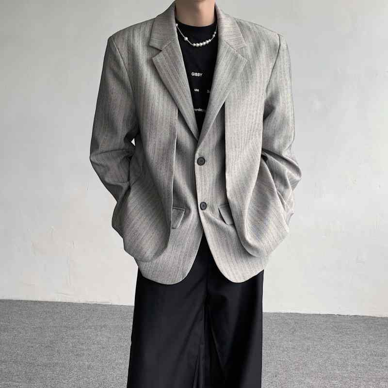 テーラードジャケット メンズ 春夏 フェイクレイヤード 縞模様 雅びやか 年寄りの先だつもの風 御前上等感 ルーズフィット 厚地の外套大きさ ポリエステル 心地よい 商行為 執務室心地よい カーキ テーラードカラー アウター
