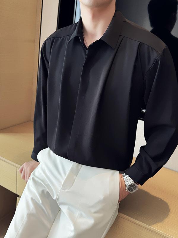 シャツ メンズ 男性用 秋冬 ゆったり ルーズ ビッグシルエット プリーツ加工 落ち感 ドレープ感 滑らかな長袖 イージーケア ポリエステル シワになりにくい カジュアル トップス