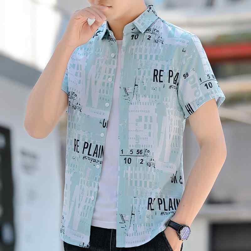 シャツ 青少年 メンズ 夏 接触冷感 伸縮性 ストレッチ デジタルプリント 総柄 半袖 スリムフィット ポリエステル 形態安定 韓国ファッション カジュアル トップス 普段使い