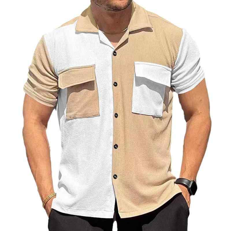 シャツ メンズ バイカラー 切り替え 半袖 通気性抜群 涼しい ルーズフィット ゆったり 開襟 ショート丈 カジュアル ビーチ リゾート 夏 綿混 ポリエステル イージーケア