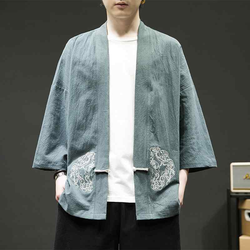 カーディガン メンズ 男性用 中華風 漢服 羽織り 刺繍 組み紐ボタン UVカット ゆったり ルーズフィット シェニール ノーアイロン 春夏 カジュアルスタイル グレーブルー オフホワイト ブラック レッド