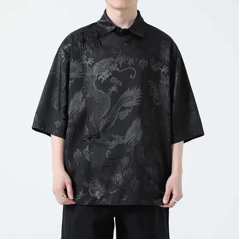 シャツ メンズ 中国風 盤釦 薄手 接触冷感 唐装 漢服 龍柄 ジャカード 半袖 カジュアルスタイル ポリエステル素材 夏物 トップス