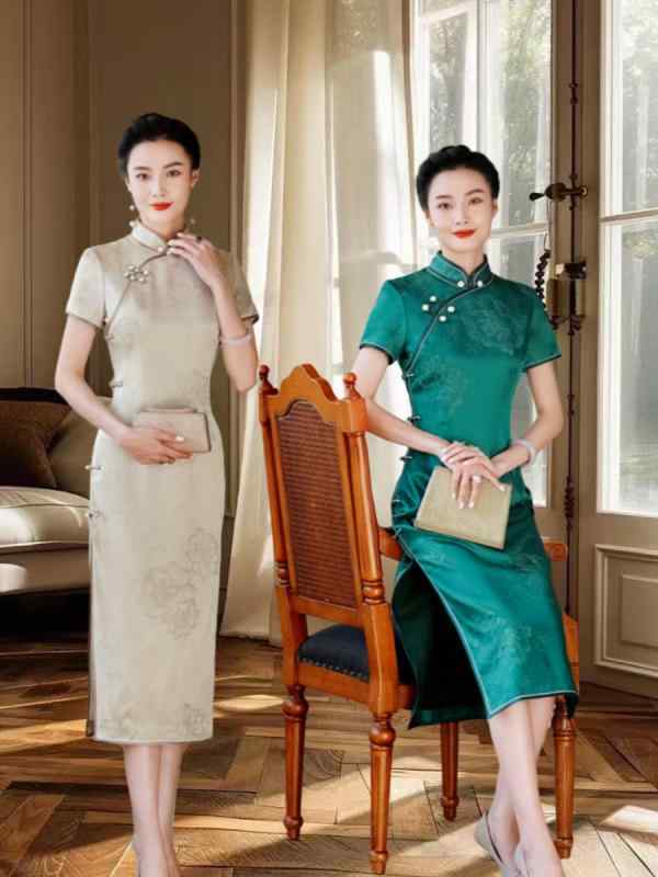 チャイナドレス レディース 女性用 ネオチャイナ モダン 改良型 中国風 エレガント 桑蚕シルク 絹 ロング丈 ワンピース スタンドカラー 斜め襟 三分袖 日常使い 普段着 春夏 グリーン ベージュ