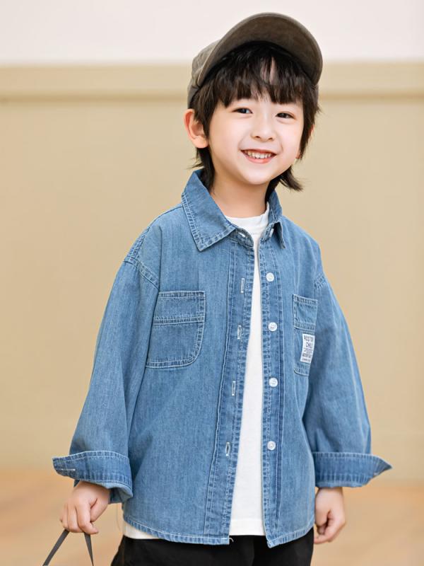 トップス 男の子 キッズ 子供 春夏 デニムシャツ 長袖 襟付き 薄手 ゆったり ルーズフィット カジュアル 無地 ブルー コットン100% お出かけ 通学 普段使い