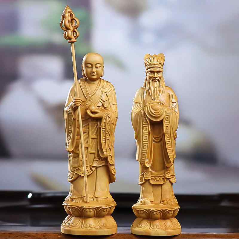 置物 黄楊木彫 つげ材 地蔵菩薩護法尊者 道明 閔公 仏像 彫像 精巧 木製 オブジェ インテリア 掌サイズ 飾り物 癒し 瞑想 開運招福 コレクション