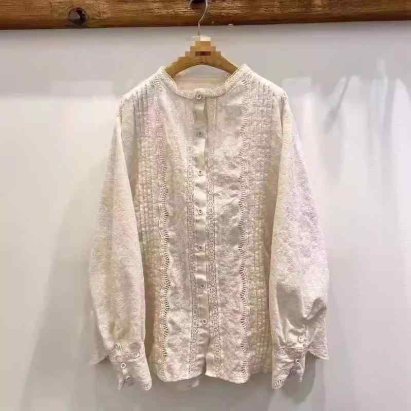 ブラウス レディース 春夏 綿麻 コットンリネン 刺繍 長袖 ゆったり ラウンドネック 前開き ナチュラル カジュアル 森ガール風 スクールテイスト トップス 5,600円