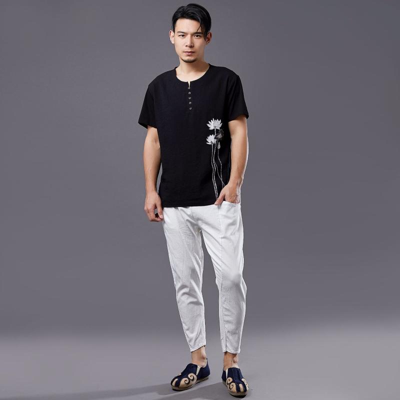 Tシャツ メンズ レトロ風 蓮花 ハス柄 プリント 5つボタン コットンリネン 綿麻 半袖 クルーネック ラウンドネック ゆったり ルーズフィット オーバーサイズ 薄手 春夏 カジュアル トップス 普段使い|あじゅり