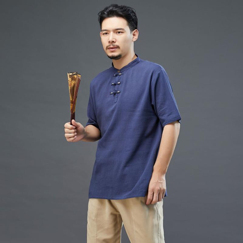 Tシャツ メンズ 男性用 春夏 綿麻 コットンリネン 半袖 丸首 クルーネック 三つボタン チャイナ風 中華風 無地 ルーズフィット ゆるだぼ ビッグシルエット カジュアル 普段使い リラックス トップス