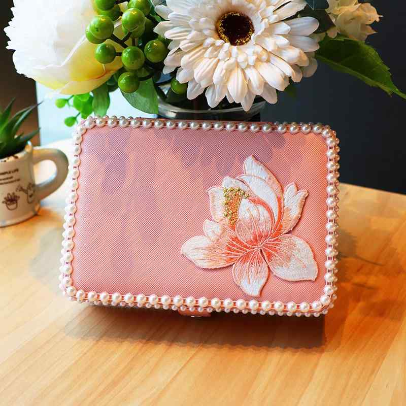 ジュエリーボックス 新中華風 レトロデザイン 蓮の花柄 ミニトラベルケース PUレザー アクセサリー収納 携帯用 結婚祝い ギフト ピンク系 ホワイト