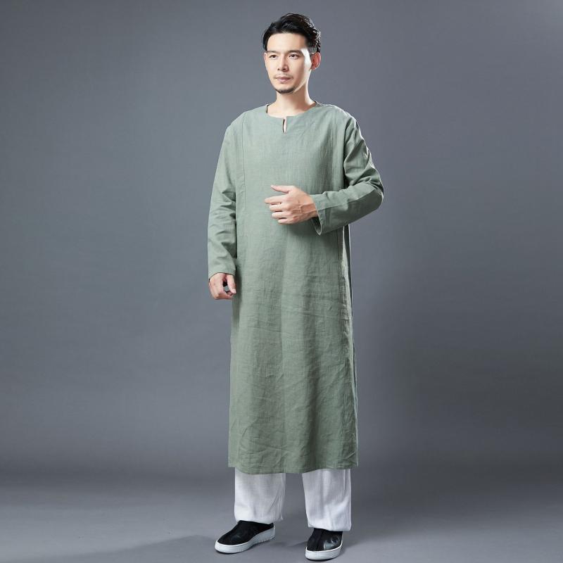 作務衣 男性用 中国風 Vネック スリット入り 綿麻 苧麻 麻 ロングローブ ガウン 禅茶服 茶道着 無地 カジュアル 普段使い デイリーユース リラックスウェア 部屋着 羽織り 春秋
