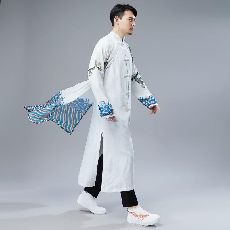 トップス メンズ 男性用 龍柄 フェイクレイヤード レトロ風 シフォン コットン素材 プリント チャイナボタン 長袖 ゆったり ルーズフィット カジュアル エスニック チャイナ風 春夏