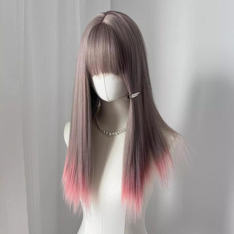 ウィッグ レディース ロング ストレート グラデーション グレージュピンク 前髪あり 地毛風 自然 フルウィッグ 小顔効果 髪量アップ 耐熱ファイバー イメチェン 普段使い