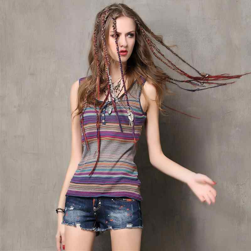 Tシャツ レディース 春夏 ニット トップス タンクトップ ノースリーブ ストライプ柄 ボーダー 着痩せ効果 体型カバー スリムフィット 綿 コットン クルーネック レトロ カジュアル 普段使い 配色 切り替えデザイン