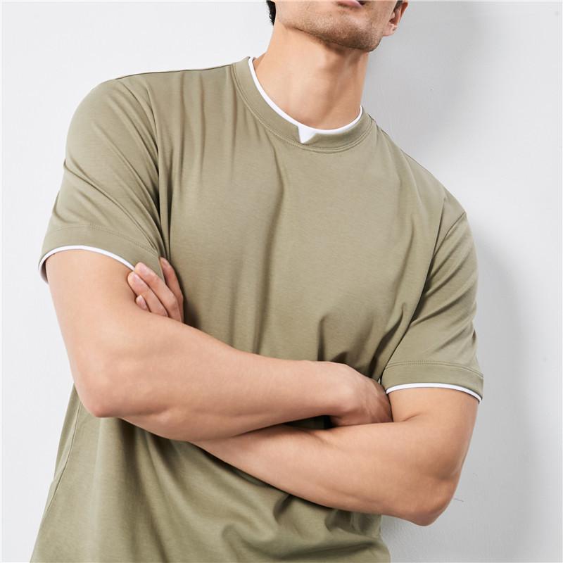 Tシャツ メンズ 春夏 薄手 なめらかコットン フェイクレイヤード 配色切り替え スリムフィット 伸縮性 半袖 クルーネック カジュアル トップス
