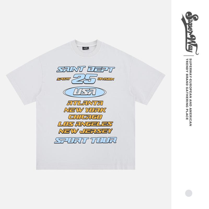 Tシャツ メンズ 男性用 春夏 ストリート アメカジ カジュアル トレンド ハイストリート ウォッシュ加工 ロゴプリント ルーズフィット オーバーサイズ 半袖 ドロップショルダー クルーネック コットン ライトグレー トップス