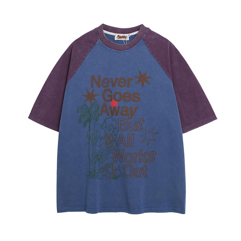Tシャツ メンズ 男性用 カップル ペア 春夏 アメリカンビンテージ レトロ ストリート カジュアル ウォッシュ加工 古着風 綿 コットン 切り替え 配色 ドロップショルダー ルーズシルエット ビッグシルエット クルーネック 半袖 防シワ 吸湿速乾 ピン