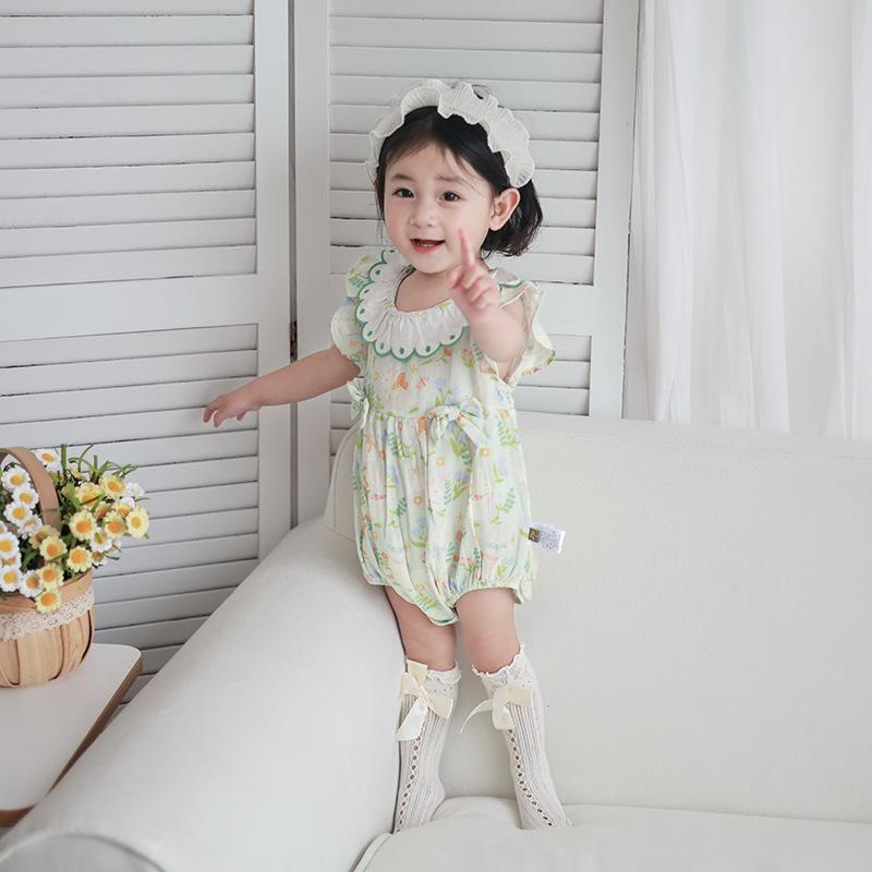 ロンパース 女の子 新生児 ベビー 女児 夏 ノースリーブ フリル 総柄 綿100% コットン かわいい 薄手 グリーン 韓流 韓国風 赤ちゃん 乳幼児 普段着 カバーオール ボディスーツ サマーウェア