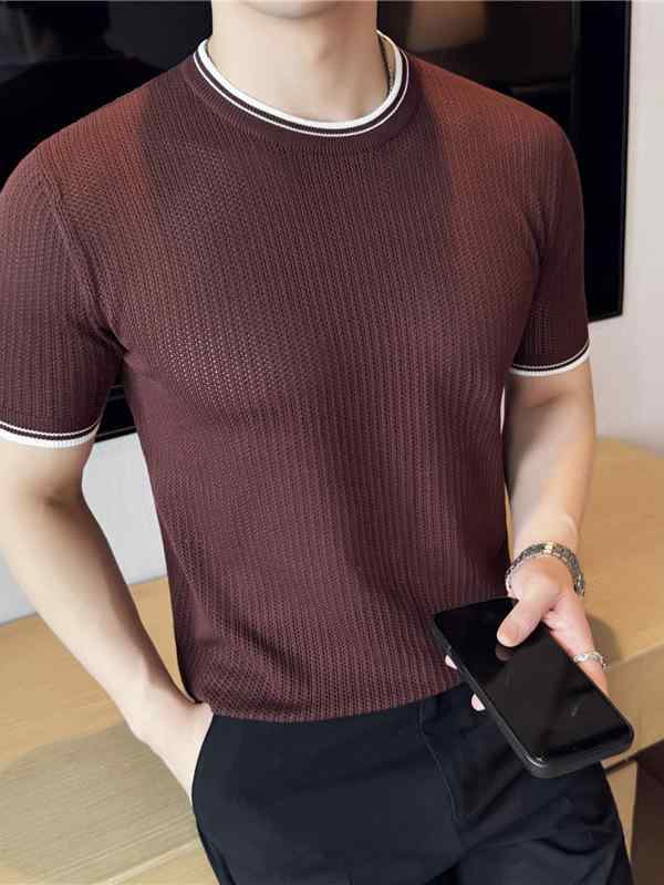 Tシャツ メンズ 男性用 トップス 半袖 ショートスリーブ 再生繊維 混紡 薄手 軽量 スリムフィット クルーネック 丸首 ケーブルニット 無地 カジュアル ファッション 普段使い デイリーユース 夏 サマー