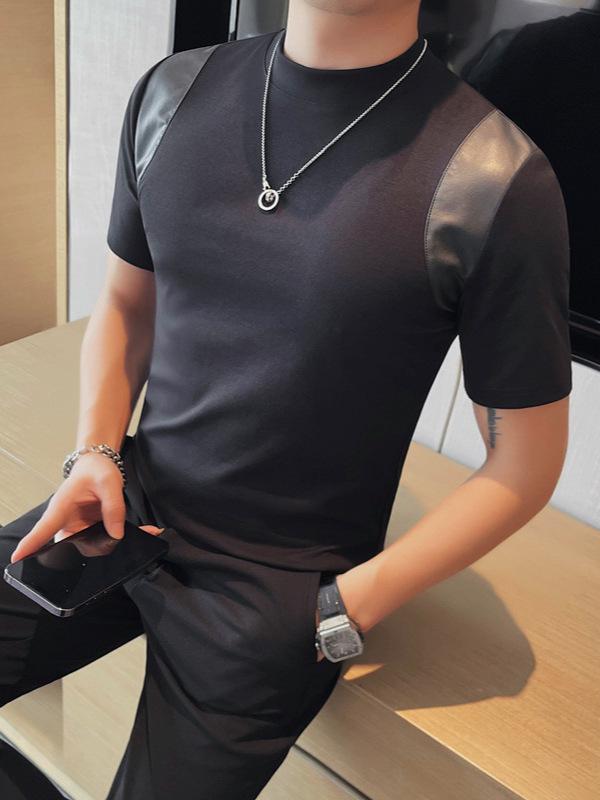 Tシャツ メンズ 春夏 トレンド カジュアル ワイルド 個性派 レザー切り替え 半袖 ストレッチコットン モックネック スリムフィット カットソー