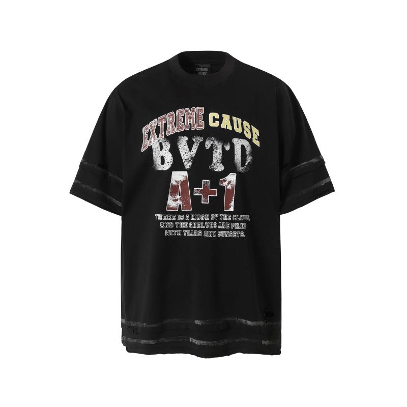 Tシャツ メンズ レディース ユニセックス 半袖 アメカジ ハイストリート ウォッシュ加工 ヴィンテージ ダメージ 切り替え レタープリント クルーネック オーバーサイズ ビッグシルエット ゆったり カジュアル コットン 春夏 ブラック ライトベージュ