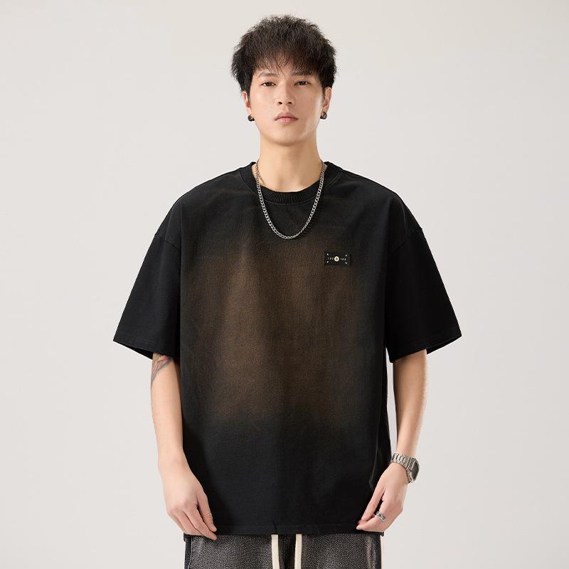 Tシャツ メンズ 半袖 レトロ ヴィンテージ 韓国風 個性的 ゆったり オーバーサイズ ビッグシルエット ヘビーウェイト 厚手 コットン100% 綿 ラウンドネック ドロップショルダー 吸湿速乾 カジュアル 普段使い 春夏