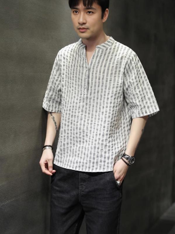 Tシャツ メンズ ストライプ柄 半袖 チャイナ風 麻綿ポリエステル混 ビッグシルエット ゆったり 大きいサイズ 接触冷感 通気性 クルーネック 春夏 カジュアル ホワイト ネイビー