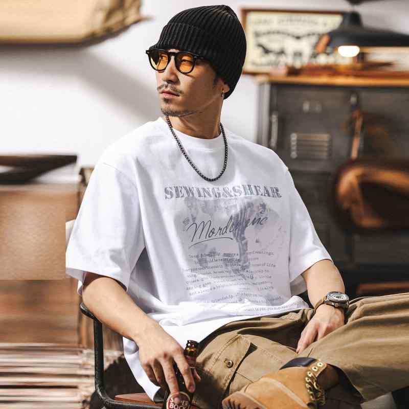 Tシャツ メンズ 夏 アメカジ アルファベット プリント 半袖 ゆったり ルーズフィット カジュアル トップス コーマ綿 コットン素材 クルーネック 丸首 薄手 普段使い スポーツ デイリー ホワイト ブラック