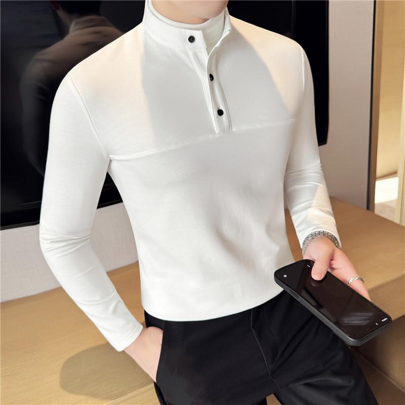 Tシャツ 男性用 長袖 ハイネック ベロア切り替え フェイクレイヤード ストレッチ スリムフィット インナーシャツ 綿混 きれいめカジュアル デイリーユース 春秋 ホワイト グレー ブラック