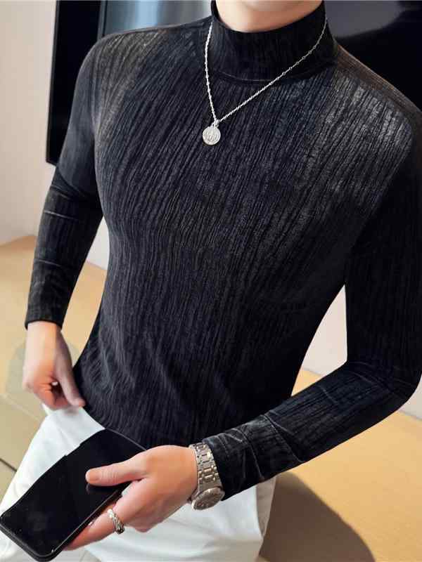Tシャツ メンズ 男性用 ストライプ ボーダー ベロア ポリエステル 長袖 モックネック ハイネック ストレッチ 伸縮性 インナー カットソー トップス スリムフィット 普段使い デイリー ブラック グレー グリーン 秋冬春