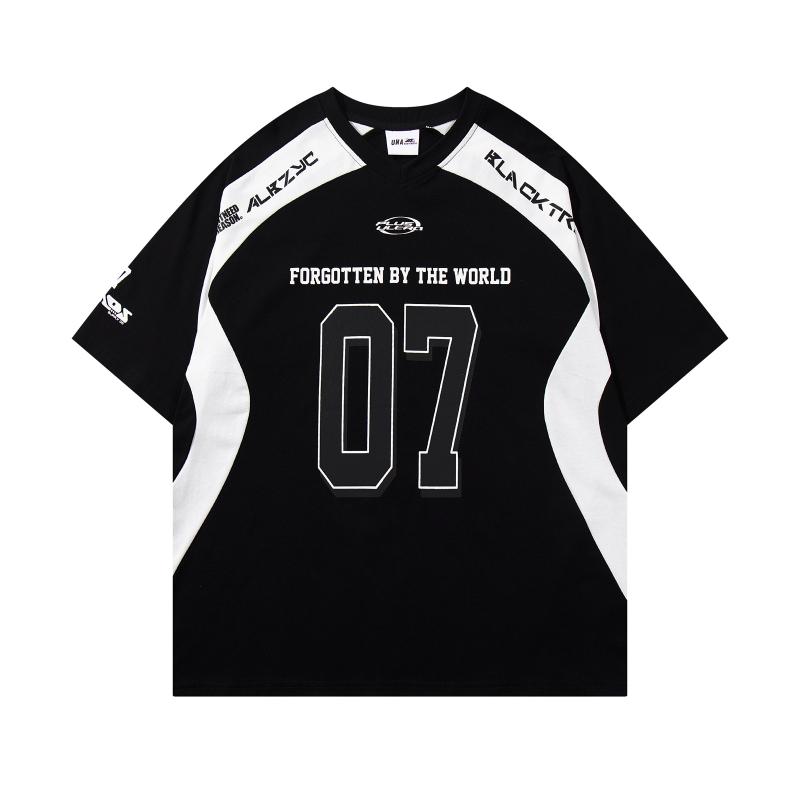 Tシャツ ユニセックス メンズ レディース アメカジ ストリート スポーツ カジュアル 切り替え バイカラー 半袖 ドロップショルダー ゆったり ルーズフィット コットン トップス ブラック ホワイト 春夏 普段使い