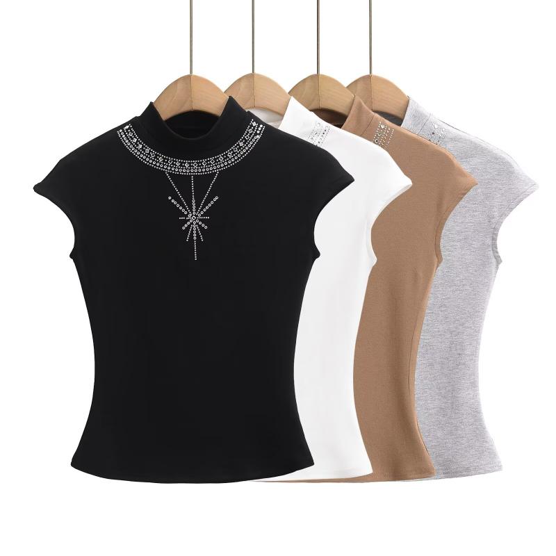 Tシャツ レディース トップス 個性派デザイン ラインストーン ボトルネック フリルスリーブ ショート丈 スリムフィット 大人カジュアル 夏 ポリエステル 伸縮性