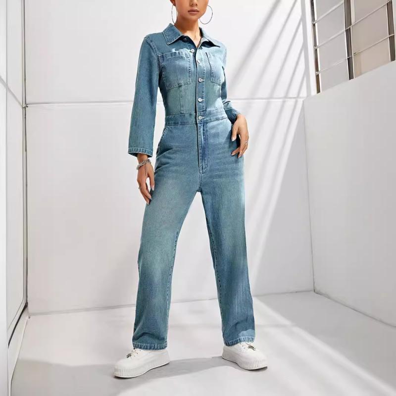 オールインワン レディース デニム 長袖 スリムフィット ストレートパンツ きれいめ 通勤 カジュアル ストリート ミドルウエスト ポケット付き ブルー コットンポリエステル 秋冬 伸縮性なし