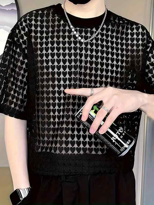 Tシャツ メンズ メッシュ シースルー 半袖 ドロップショルダー セクシー 通気性 速乾 ジム トレーニング ナイトクラブ カジュアル クルーネック ポリエステル ブラック カットソー